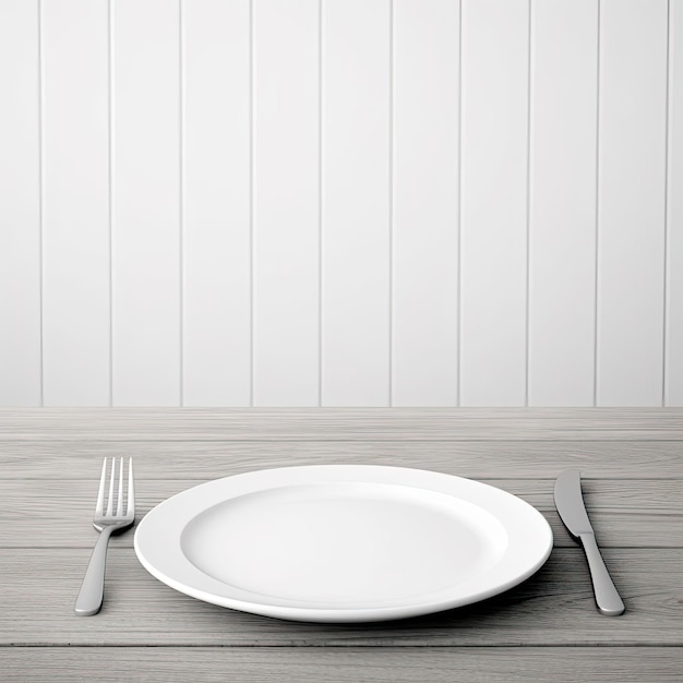 Prato branco vazio com garfo e faca em mesa de madeira