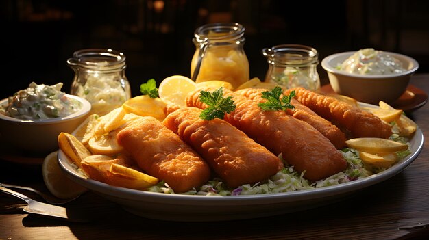 Prato cheio de filetes de peixe-gato castanho-dourado, salada de couve e um lado de molho tártaro