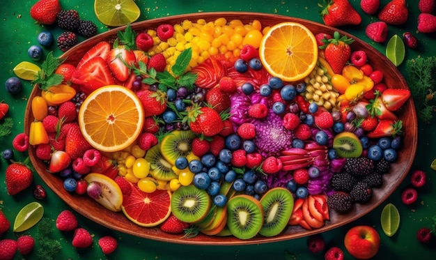 Prato cheio de vários tipos diferentes de frutas e legumes em cima da mesa verde Generative AI