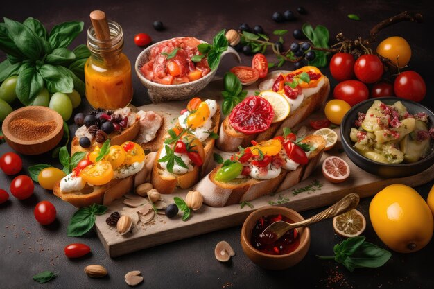 Prato colorido de bruschetta com coberturas e sabores variados