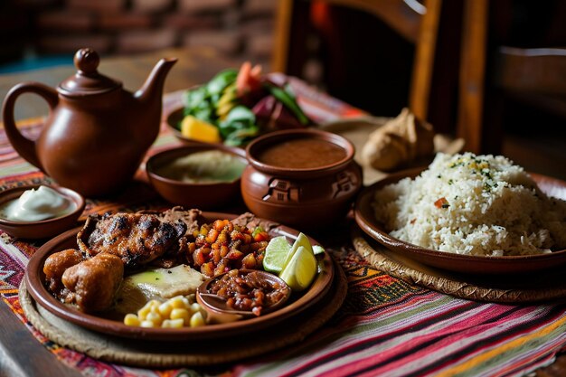 Foto prato com comida perto de xícara de bebida e chaleira