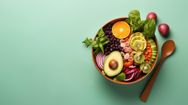 Foto prato com comida vegana, frutas e legumes