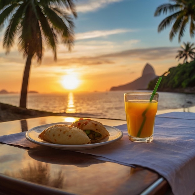 Prato com copo de roti cheio de suco de frutas frescas e sobremesa fundo pôr do sol criado por IA