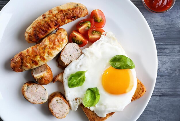 Prato com deliciosas salsichas grelhadas e ovos fritos de perto