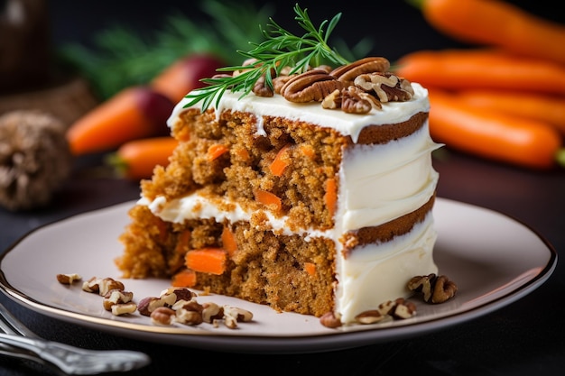 Prato com delicioso bolo de cenoura em fatias em close-up