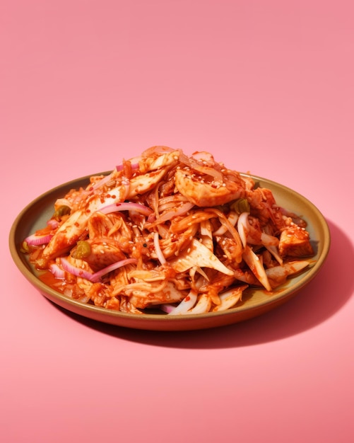 Prato com Kimchi em fundo rosa