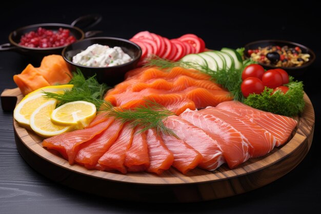 Prato com peixe vermelho, legumes, ervas, limão, azeitonas, molhos de close-up, conceito de alimentação e catering saudável