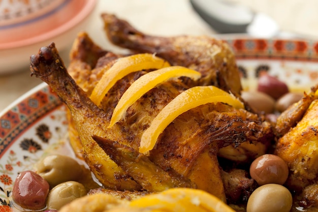 Prato com prato de frango marroquino com conservas de limão e azeitonas