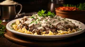 Foto prato com stroganoff de carne e massa com creme azedo