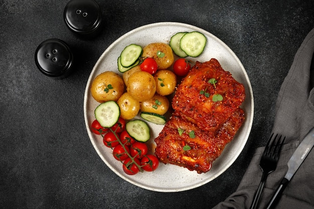 Prato com tomates de batatas jovens e costelas de churrasco de porco marinado em fundo escuro preto Vista superior