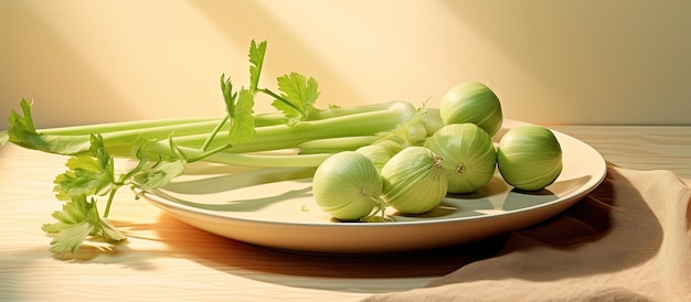 prato com tomates verdes e bok choy colocados sobre um fundo bege na luz do sol brilhante Lá