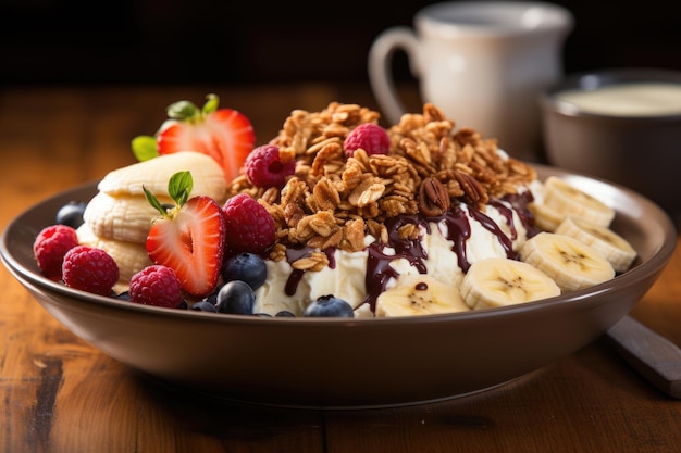 Prato de açaí granola e banana em mesa rústica generativa IA