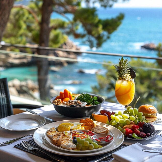 Prato de alimentos em mesa de restaurante de lujo com vistas al marDesayuno saludable de verano