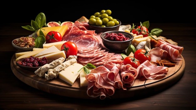 Prato de antipasto com salame de jamão e queijo