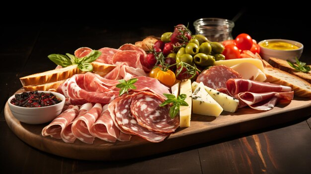 Foto prato de antipasto com salame de jamão e queijo