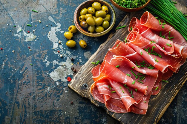 Foto prato de aperitivo delícias, incluindo carne fria, ervas frescas, azeitonas e tomates