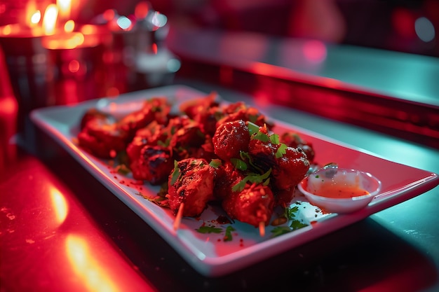 Prato de aperitivos indianos Pedaços suculentos de carne e molho