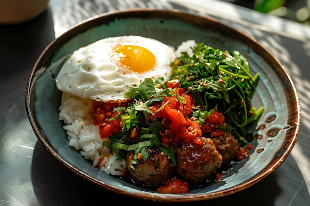 Foto prato de arroz com bolinhas de carne e ovo