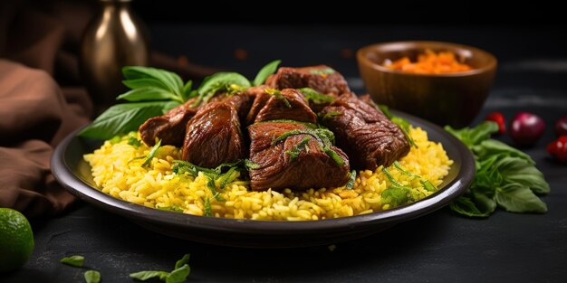 Prato de arroz e carne Comida tradicional nacional do Oriente Médio Jantar em família muçulmana