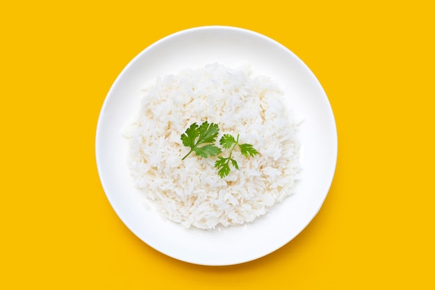 Foto prato de arroz em fundo amarelo.