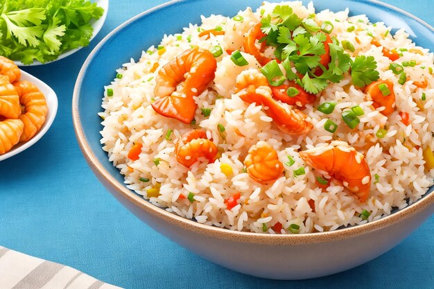 Prato de arroz misto opcional especiarias opcionais vegetais carnes ou frutos do mar Pode ser servido com iogurte simples