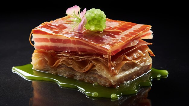 Foto prato de bacon ricamente estratificado com sobremesa de pastelaria