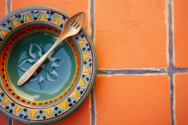 Foto prato de barro com pozole comida tradicional mexicana toalha de mesa rosa colher de metal