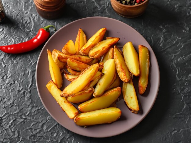 Prato de batatas assadas em fundo escuro