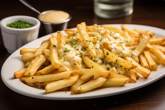 Prato de batatas fritas com alho-parmesão com queijo