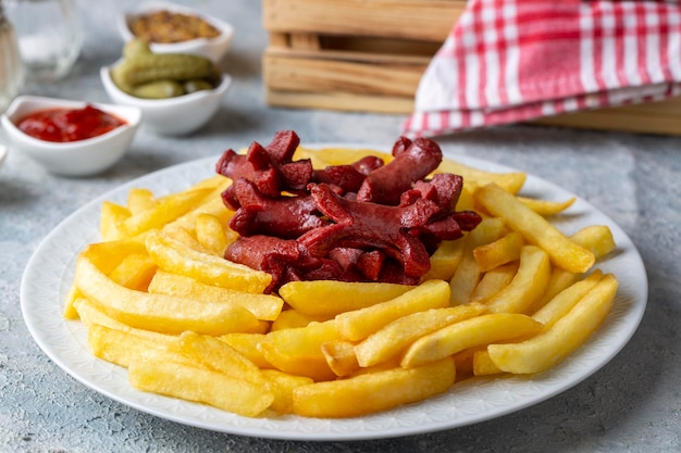 Foto prato de batatas fritas e salsichas com nome turco patates ve sosis kizartmasi