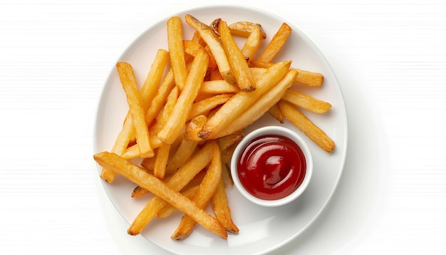 Prato de batatas fritas saborosas e ketchup em fundo branco