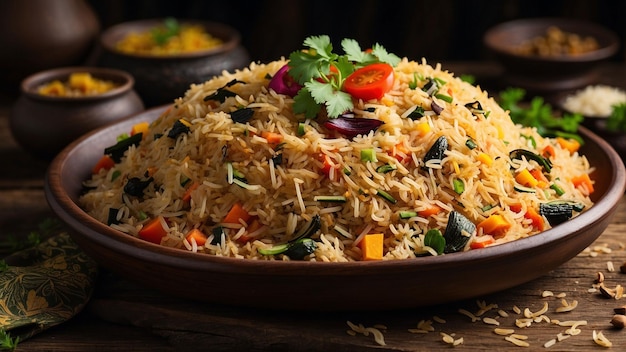 Foto prato de biryani de vegetais servido em um prato tradicional com uma vista lateral das cores vibrantes do