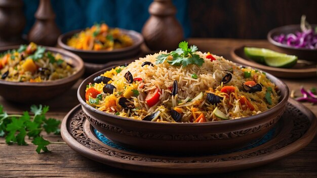 Prato de biryani de vegetais servido em um prato tradicional com uma vista lateral das cores vibrantes do