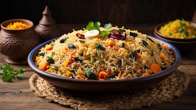 Prato de biryani de vegetais servido em um prato tradicional com uma vista lateral das cores vibrantes do