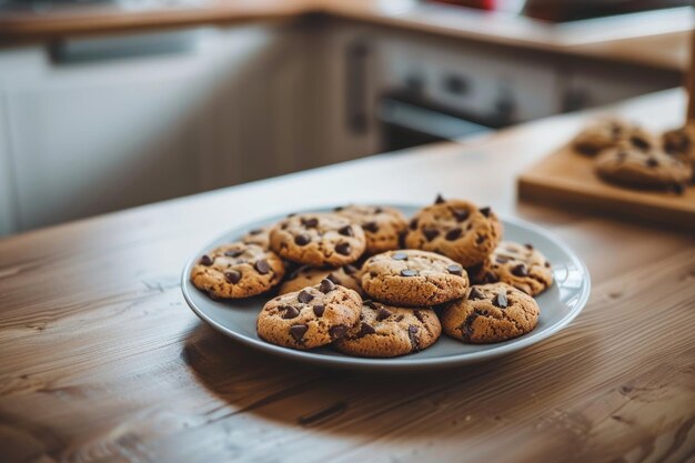 Prato de biscoitos de chocolate no balcão da cozinha