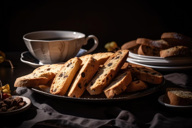Prato de biscoitos e biscotti pronto para café da manhã criado com generative ai