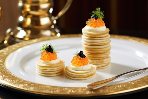 Prato de blini russo com caviar e creme de leite