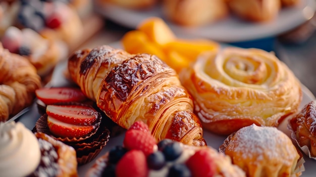 prato de bolos variados exibindo uma variedade de croissants flocosos tartes de frutas e creme de creme em detalhes vibrantes IA generativa