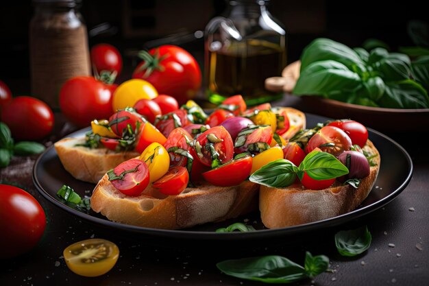Prato de bruschetta coberto com pilhas de tomates frescos com manjericão e azeite de oliva