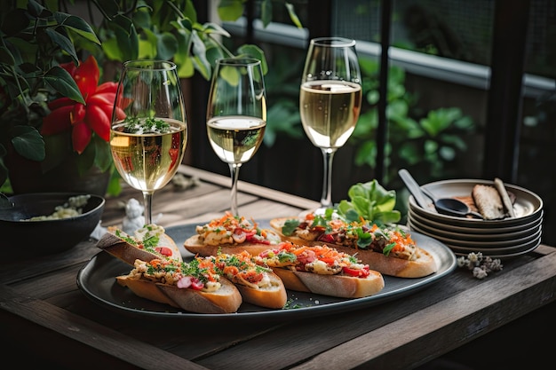 Prato de bruschetta de jardim exuberante e copos de vinho na mesa