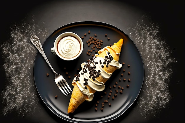 Prato de cannoli decorado com garfo de creme e chocolate e caneca de cacau com chantilly