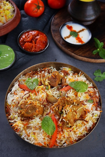 Foto prato de carne de carneiro biryani