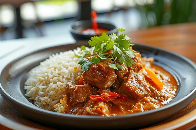 Prato de carne e arroz na mesa