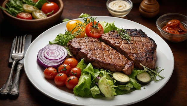 Prato de carne grelhada com legumes e salada