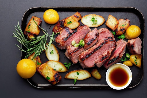 Prato de carne pato frito assado com batatas e alecrim