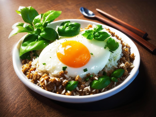 Prato de carne picada macaense com batatas e arroz com ovo estrelado por cima