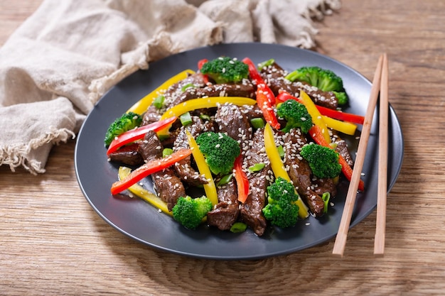 Foto prato de carne teriyaki com legumes.