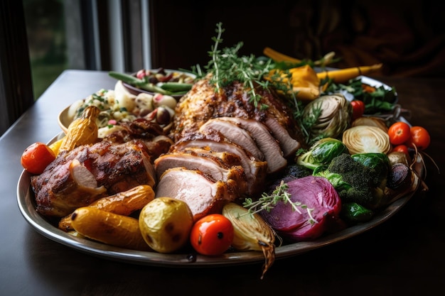 Prato de carnes e legumes perfeitamente cozidos, prontos para serem servidos, criados com ai generativa