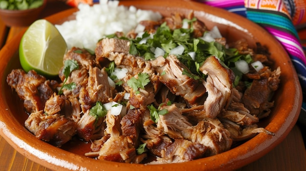 prato de carnitas a carne de porco cozida lentamente é um alimento básico da culinária mexicana brilhando sob uma luz quente e convidativa