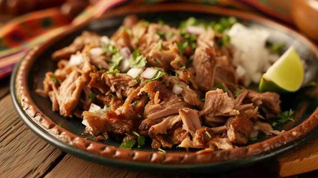 prato de carnitas a carne de porco cozida lentamente é um alimento básico da culinária mexicana brilhando sob uma luz quente e convidativa